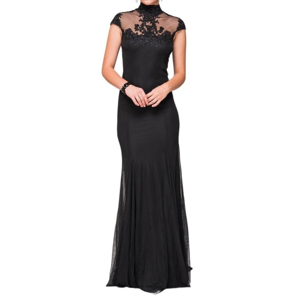 Kikiriki Embroidered Mesh Cap Sleeve High Neck Gown Black Size Small NWT